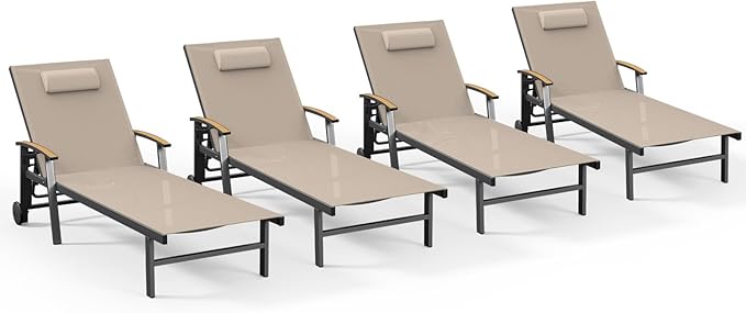 Ciokea Outdoor Lounge Chair with Pillow Set of 4, 5-Position Chaise Lounge with Wheels & Armrests, 400 lbs Heavy Duty Aluminum Pool Lounge Chairs, for Beach, Deck, Poolside & Backyard, Khaki