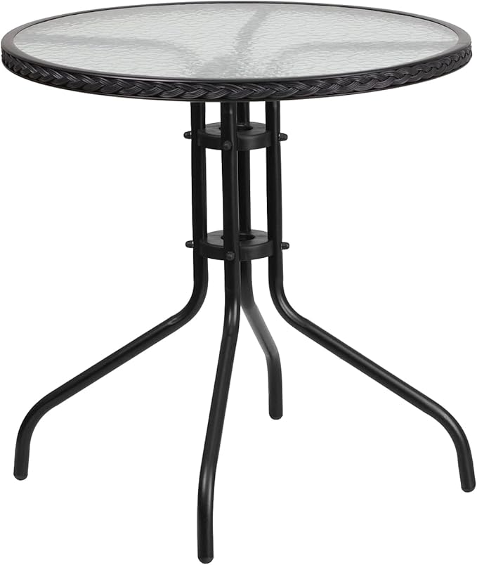 Flash Furniture Lila 28'' Round Glass Metal Table with Black Rattan Edging and 2 Black Rattan Stack Chairs