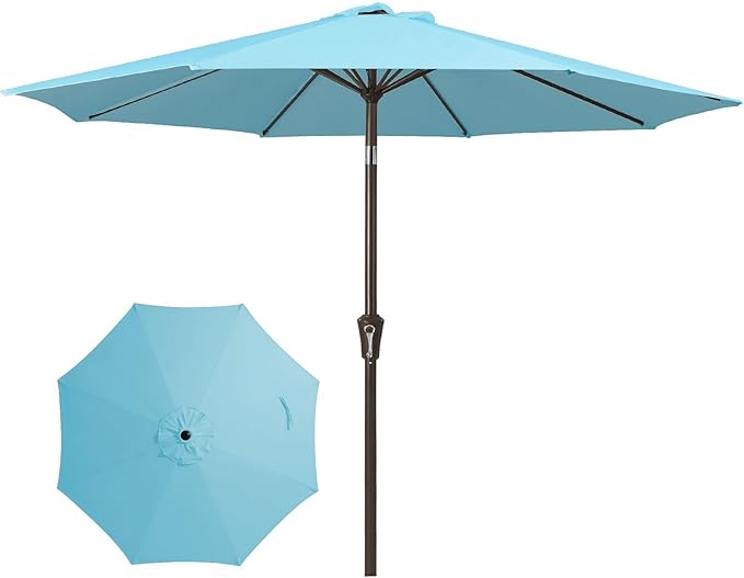 JEAREY 9FT Patio Umbrellas Outdoor Table Umbrella with Push Button Tilt and Crank, Market Umbrella 8 Sturdy Ribs UV Protection Waterproof for Garden, Deck, Backyard, Pool (Sky Blue)