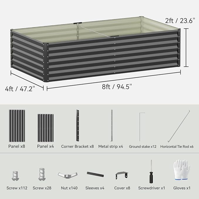 COMHOMA Galvanized Raised Garden Bed,Large Metal Planter Box for Outdoor Vegetables,Corrugated Steel Herbed Plants Container,Extra Deep Gardeners Kits with Open Bottom (2, 8x4x2FT)