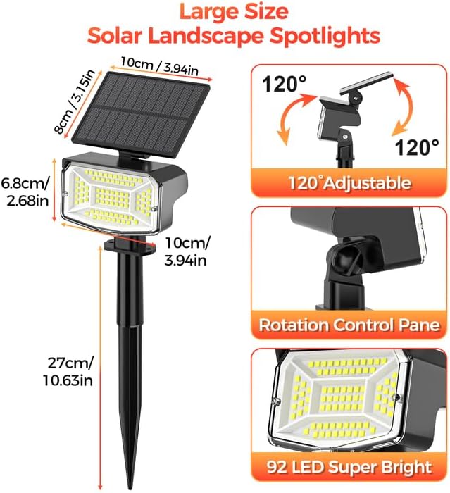 Solar Spot Lights Outdoor, 92 LEDs Landscape Lighting with 3 Lighting Modes and Auto On/Off, IP67 Waterproof Spotlights, Outdoor Solar Lights for Yard Garden, 8 Pack (Cool White)