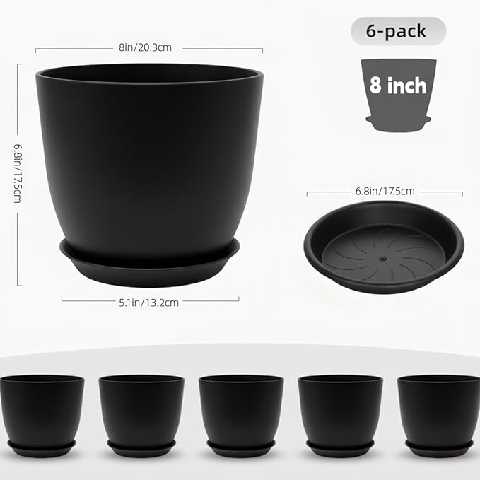 Plant Pots 8 Inch Set of 6, Flower Pots with Drainage Holes and Saucer, Plastic Garden Planters for Indoor & Outdoor Plants (Black)