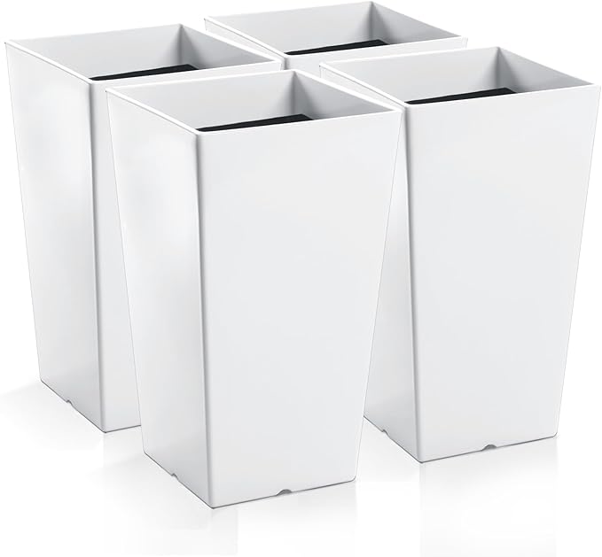 Hushee Set of 4 Tall Outdoor Planters 21 Inch Tall Tapered Square Planter with Drainage Hole Large Flower Tree Plant Pot Resin Flower Pots for Front Porch Door Garden Patio Indoor