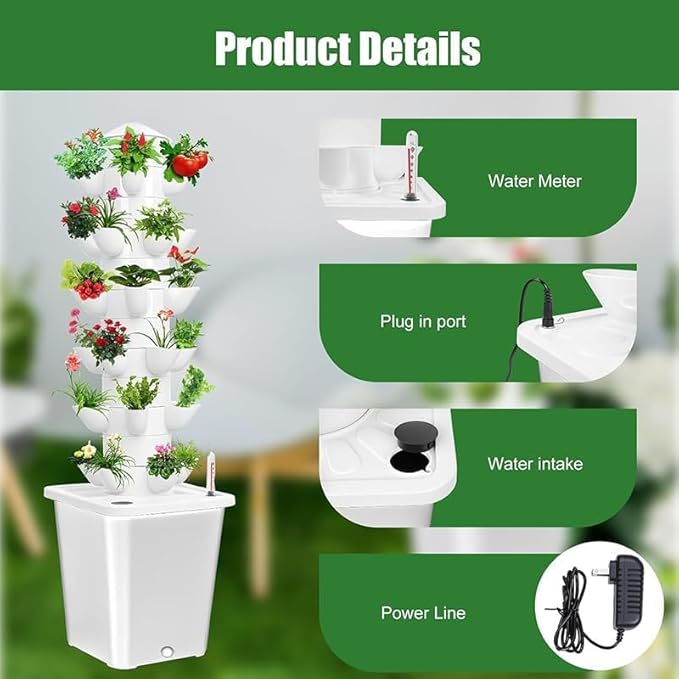 Vertical Hydroponic Tower Garden Growing System - Indoor Planter Kit with 30 Pods, Aeroponic-Style Tower for Herbs, Vegetables, Lettuce & Strawberries, Home Countertop Grow System, White