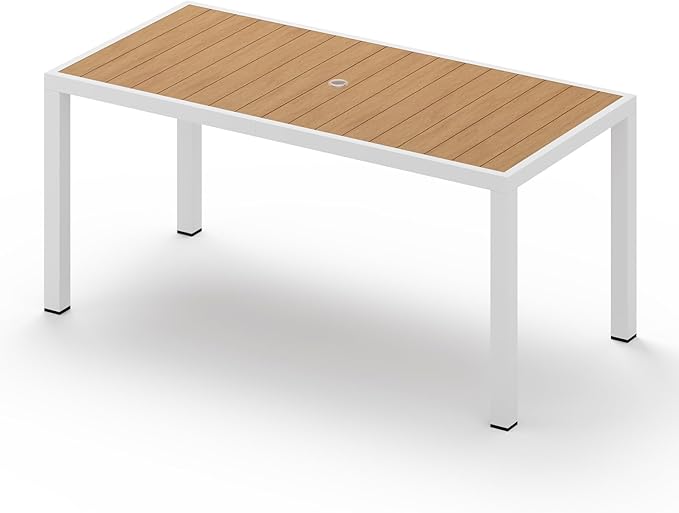 67" HDPS Outdoor Patio Dining Table, Aluminum-Edged Outdoor Dining Table with Umbrella Hole, Weather-Resistant for Lawn, Garden, Poolside and Indoor Use, White & Teak