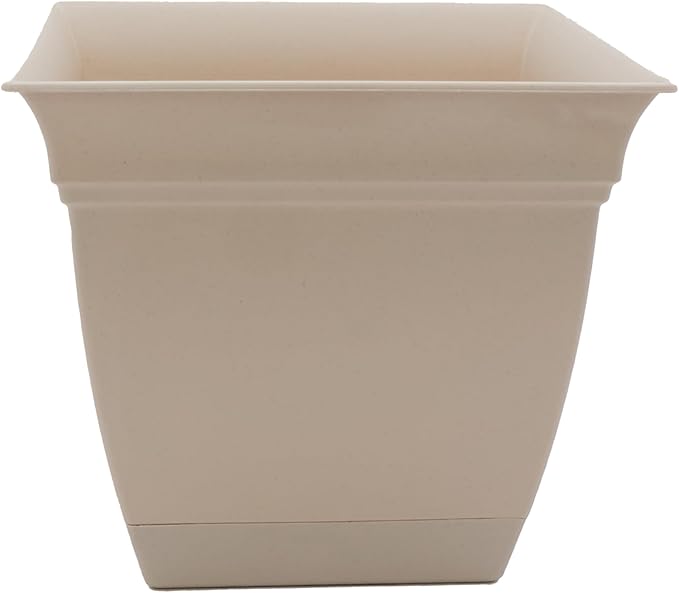 The HC Companies Eclipse Square Plastic Planter w/ Attached Saucer - Outdoor & Indoor Plant Pot with Drainage Holes - Lightweight, UV-Resistant Plastic Pots For Plants (12" Cottage Stone, Pack of 1)