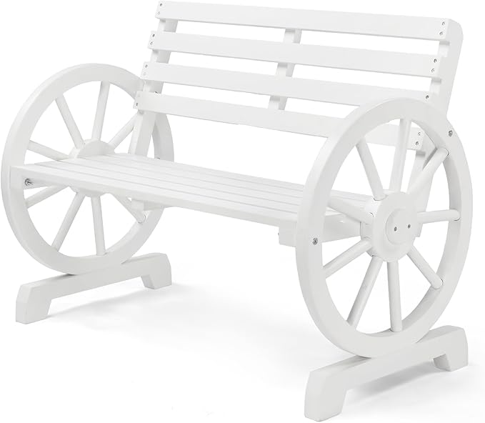 VINGLI Rustic Wooden Wheel Bench Outdoor Bench, Patio Bench Wagon Slatted Seat, Garden Benches for Outdoors 350lbs High Capacity, Weather Resistance (White, 41in)