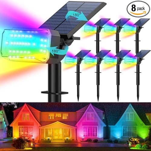 Solar Spot Lights Outdoor Waterproof IP65,[49 LEDs/8 Pack] RGB Halloween 7 Modes Christmas Color Changing Solar Spotlights, Adjustable Multicolor Landscape Flood Lights for Yard Garden Pathway