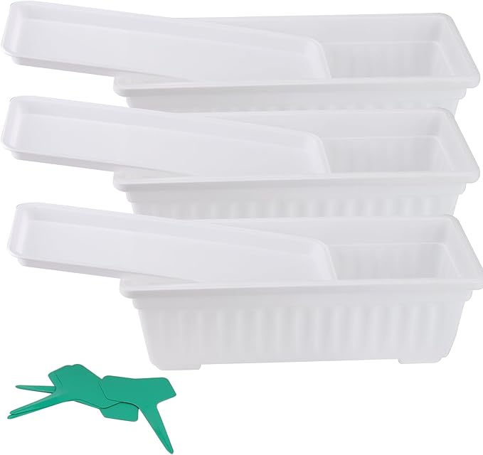 JOIKIT 6 Packs 17 Inch White Plastic Flower Window Boxes Planters with Drainage Holes & Tray, Rectangular Long Vegetable Flower Windowsill Box Planter Pot with Plant Label for Garden Patio Balcony