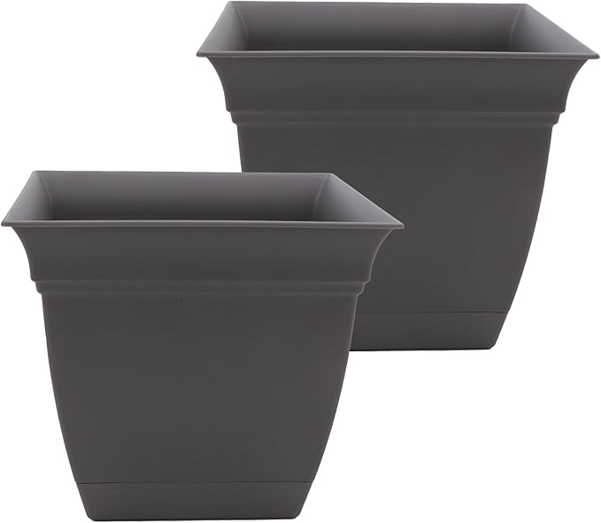 The HC Companies 12 Inch Eclipse Square Planter Pots with Drainage Holes & Attached Saucer, Lightweight UV-Resistant Plastic Indoor Outdoor Planters, 2-Pack Flower Pots, Garden Home Decor, Warm Gray