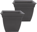 The HC Companies 12 Inch Eclipse Square Planter Pots with Drainage Holes & Attached Saucer, Lightweight UV-Resistant Plastic Indoor Outdoor Planters, 2-Pack Flower Pots, Garden Home Decor, Warm Gray