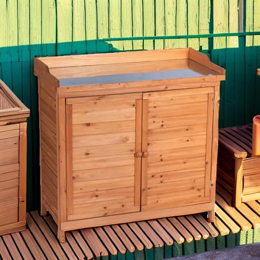 GDLF Outdoor Garden Patio Wooden Storage Cabinet Furniture Waterproof Tool Shed with Potting Benches Outdoor Work Station Table (Natural)