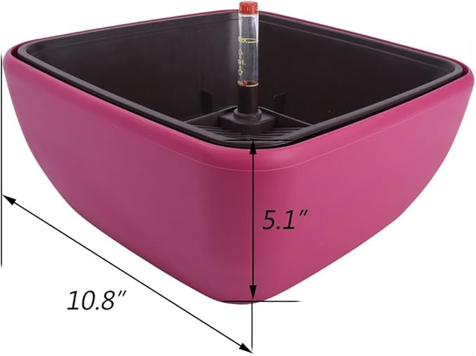 Vencer 10.8 Inch Plastic Square Self Watering Planter,Water Indicator,Ceramsite,Modern Decorative Planter Pot for All House Plants Flowers,Herbs,Vegetables,Tropical,Rose Red,VF-049R