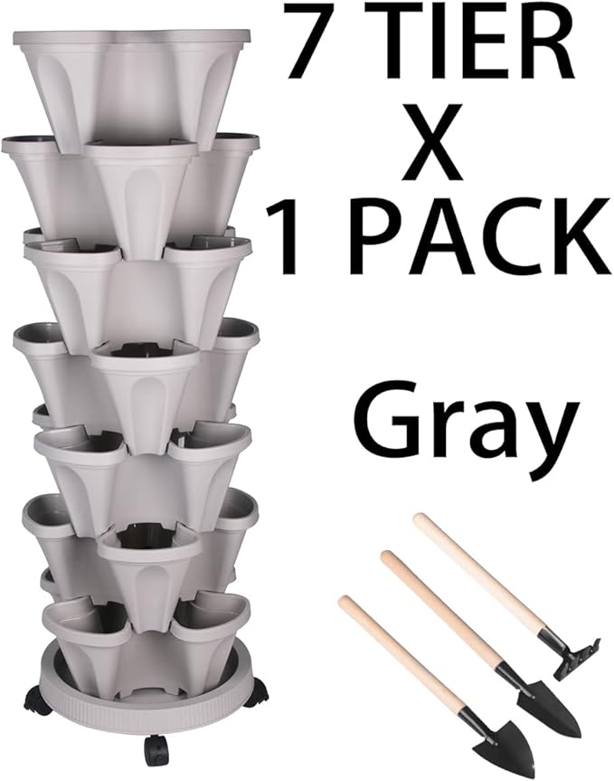 GameXcel Vertical Planter 7 Tier Stackable Planters Garden Planters Strawberry Herb Flower and Vegetable Planter Indoor Outdoor Gardening Pots with Removable Wheels and Tools - Gray