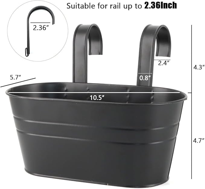 3 Pack Metal Railing Planters, 10.5" Oval Hanging Flower Pots with Detachable Hooks & Drainage Holes, Fits Rails up to 2.36", Galvanized Iron Fence Bucket for Balcony Garden Patio - Black