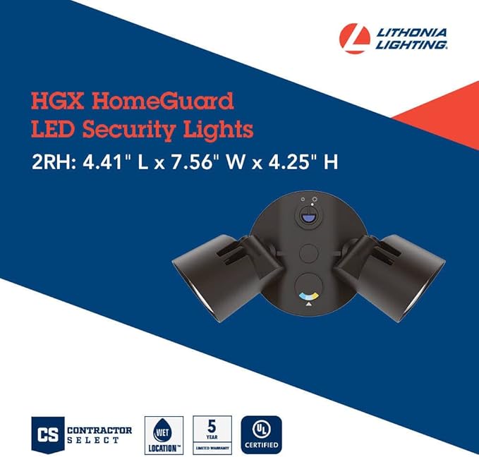 Lithonia Lighting HomeGuard 2-Light LED Outdoor Flood Lights, Outdoor LED Lights, Dusk to Dawn Sensor, Adjustable Lumens, Selectable Color, Round Heads, Dark Bronze (HGX LED 2RH ALO SWW2 120 PE DDB)