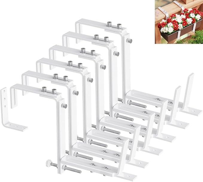 HFHOME Set of 6 Adjustable Window Planter Box Brackets, White Brackets for Window Boxes Planters, Planter Shelving with Adjustable Size The Width of The Bottom of The Planter Box (Patent Registered)