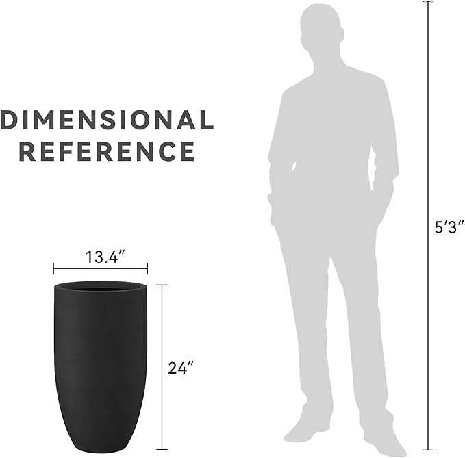 Kante 24 Inch Tall Round Concrete Planter, Large Indoor Outdoor Plant Pots with Drainage Hole and Rubber Plug, Modern Decorative Garden Pots for Home Patio Porch, Black