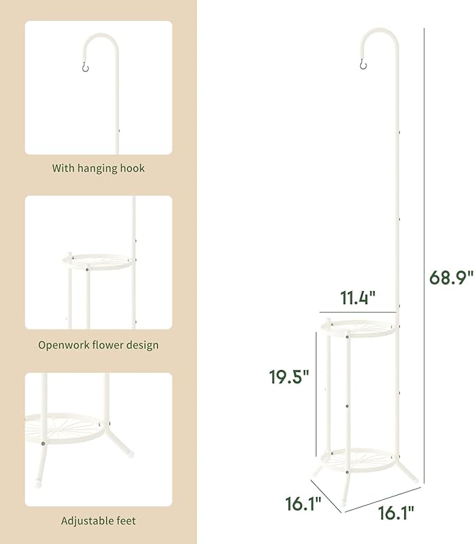 2-Tier Hanging Plant Stand Indoor and Outdoor , Space-Saving Iron Planter Shelves, Multiple Flower Pot Display Holder Shelf with Hanging Hook, Corner Plant Stands (White)