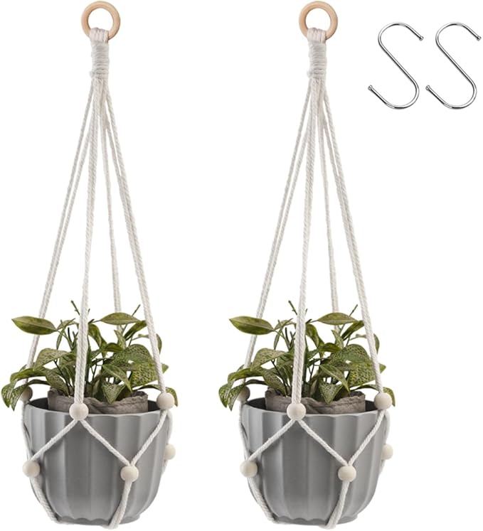 Artilady Hanging Planter for Indoor Plants Macrame Plant Hanger Large Hanging Plant Holder with Adjustable Beads Plants Basket White Rope Boho Plant Wall Decor (White Bead-2pcs)