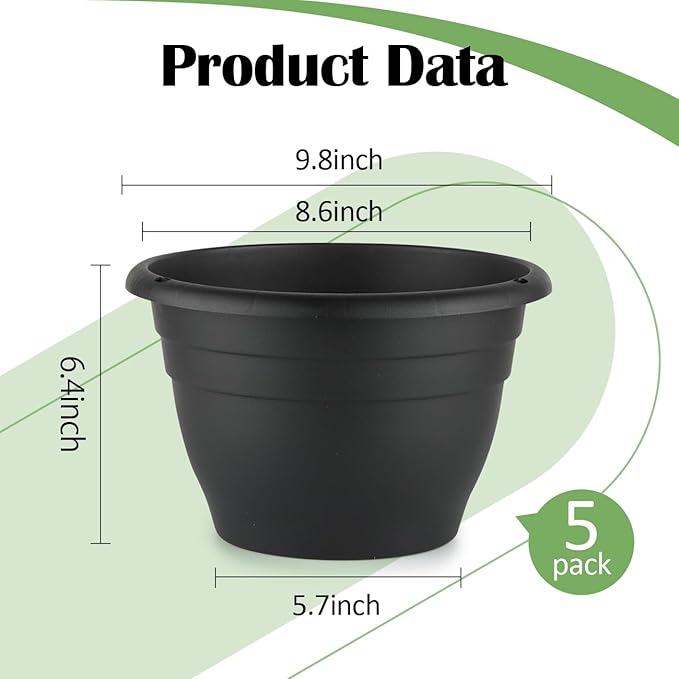 5 Pack 10 Inch Plant Pots Plastic Planters with Drainage Holes & Plugs,Lightweight Flower Pots for Indoor Outdoor Plants,Flowers,Monstera,Snake Plant,Home Garden(Black)