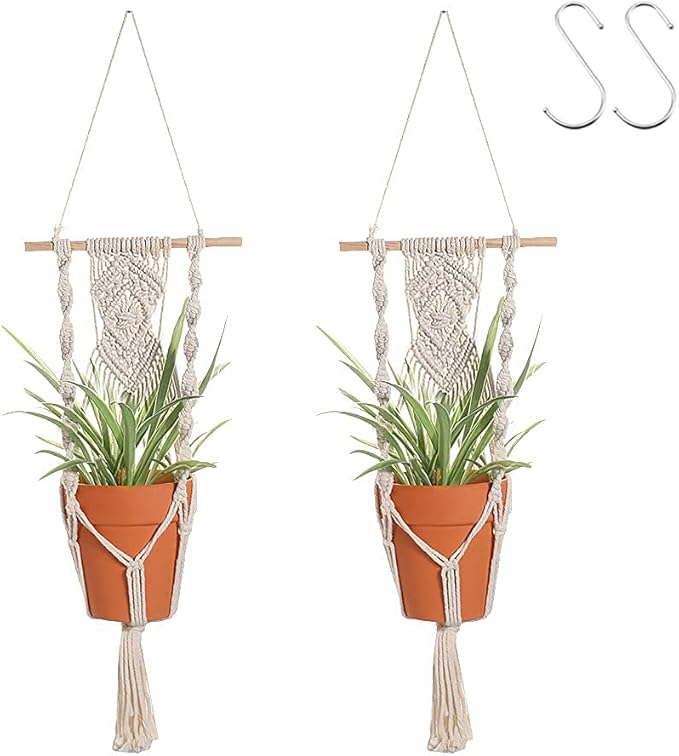 Artilady Boho Macrame Plant Hangers - Handmade Hemp Rope Hanging Baskets for Plants with Ceiling Hooks, Bohemian Home Decor Wall Art (White Wood Hanger-2pcs)