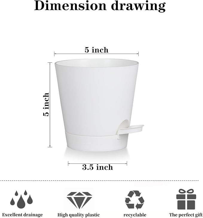 5 Pack 5 inch Self-Watering Pots, African Violets Planter with Drainage Holes and Reservoir, White Plastic Planter for Indoor Outdoor Plants Flowers and Houseplants White, 5 inch 5 pcs