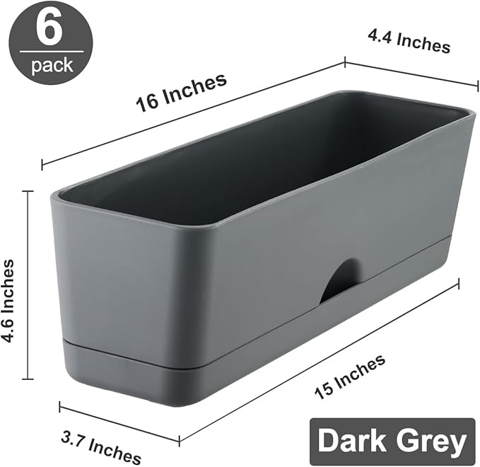 6 Pack Rectangle Planter 16x4.4 Inch Window Boxes Planters Rectangular Large Window Sill Planters Indoor Self Watering Plant Pots with Drainage Holes and Saucers Succulent Herb Flower Pots, Dark Grey
