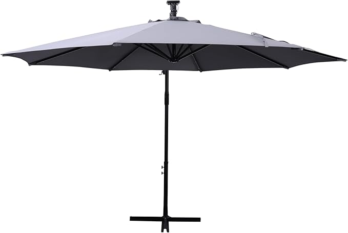 Flash Furniture Sedona Round Solar Cantilever Umbrella, Commercial Grade with Built in Cross Base, Crank and Tilt, 32 LED Lights, 6 Hour Run Time, 10 FT, Gray