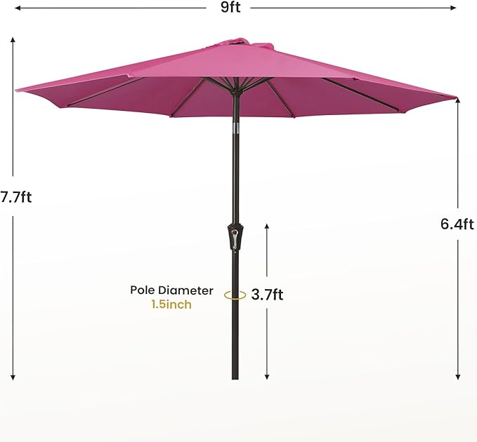MEWAY 9ft Patio Umbrella Outdoor Table Umbrellas with Push Button Tilt and Crank, Market Umbrella 8 Sturdy Ribs for Deck, Garden, Pool and Backyard, Pink