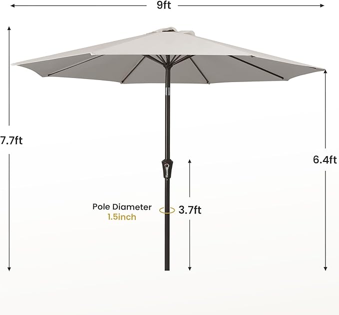 MEWAY 9ft Patio Umbrella Outdoor Table Umbrellas with Push Button Tilt and Crank, Market Umbrella 8 Sturdy Ribs for Deck, Garden, Pool and Backyard, Fog Gray