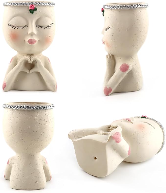 Face Planter Pot with Heart Hands, Resin Head Planter for Indoor Plants, Cute Succulent Pots with Drainage Hole, Gardening Gifts for Women Mom Teacher, 7.3" Home Decor (White)
