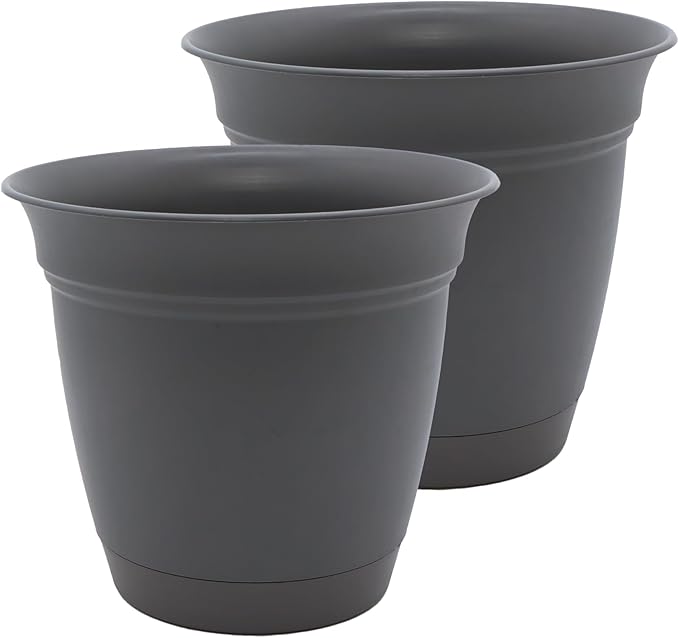 The HC Companies 10 Inch Eclipse Round Planter Pots with Drainage Holes & Attached Saucer, Lightweight UV-Resistant Plastic Indoor & Outdoor Planters, 2-Pack Flower Pots, Garden Home Decor, Warm Gray