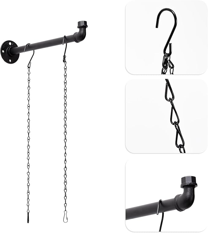 2 Pack Black Metal Pipe Plant Hanger Indoor with Hanging Chains, Industrial Window and Wall Mounted Hanging Rod Planter for Plants, Pots/Plants Not Included