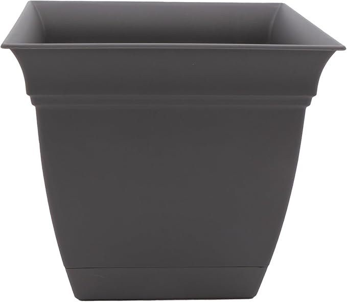 The HC Companies Eclipse Square Plastic Planter w/ Attached Saucer - Outdoor & Indoor Plant Pot with Drainage Holes - Lightweight, UV-Resistant Plastic Pots For Plants (8" Warm Gray, Pack of 1)