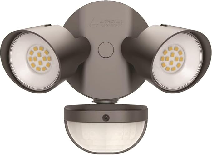 Lithonia Lighting HomeGuard 2-Light LED Outdoor Flood Lights, Motion Sensor Outdoor Lights with Dusk to Dawn, 4000K Cool White, Round Heads, Dark Bronze (HGX LED 2RH 40K 120 MO DDB M2)