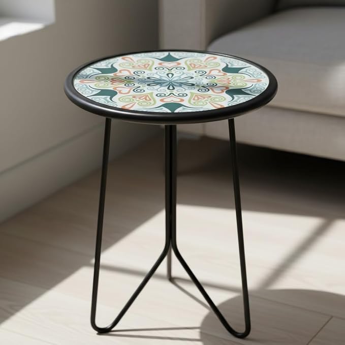 LIFFY Patio Side Table, 12" Outdoor Metal Side Table with Glass Top, Indoor Round Accent End Table for Living Room or Bedroom, Small Decorative Plant Stand Table for Garden Yard Balcony