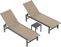 Outdoor Lounge Chairs Set of 3, Aluminum Chaise Lounge Chairs with 5-Position Recliner, Patio Lounge Chair for Backyard, Poolside, Deck, Lawn (Khaki)