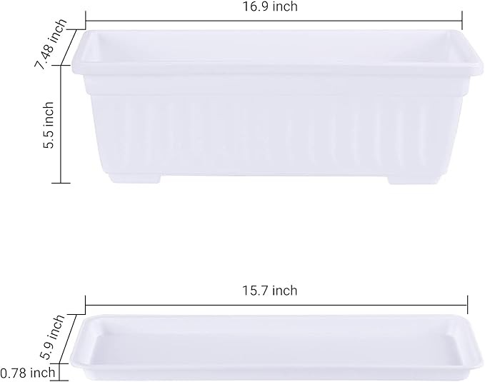 GREANER Plastic Flower Boxes Rectangle, 6 Pack Large Long Planter 16.9x7.48Inch Modern Thicken Vegetable Plant Pot with Tray for Garden, Kitchen, Houses, Offices, Balcony, Outdoor Indoor Use - White