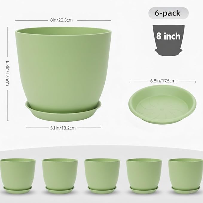Plant Pots 8 Inch Set of 6, Flower Pots with Drainage Holes and Saucer, Plastic Garden Planters for Indoor & Outdoor Plants (Green)