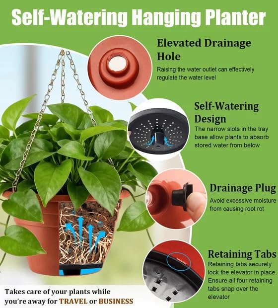 Hanging Planters 11 Inch, 3 Pcs Flower Pots with Drainage Hole, Self Watering Hanging Basket for Indoor Outdoor Plants, Decor, Pottery Red