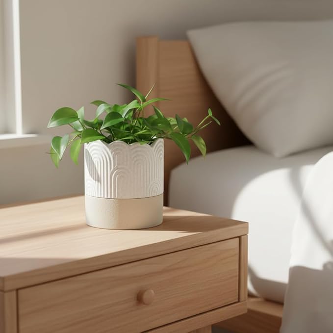 Nihow Self Watering Plant Pot: 4.5 Inch Ceramic Planter with Drainage Hole & Water Storage Plus for Indoor & Outdoor Plants - Cylinder Flower Pot for Herbs/Violets - Beige & Nature
