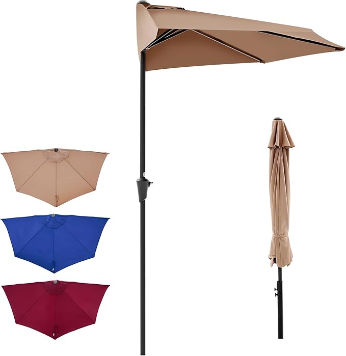 OLIXIS Half 9Ft Umbrella Outdoor Patio, Scalloped Patio Umbrella with Easy Crank, Sun Half Patio Umbrella for Balcony, Market, Garden, Khaki