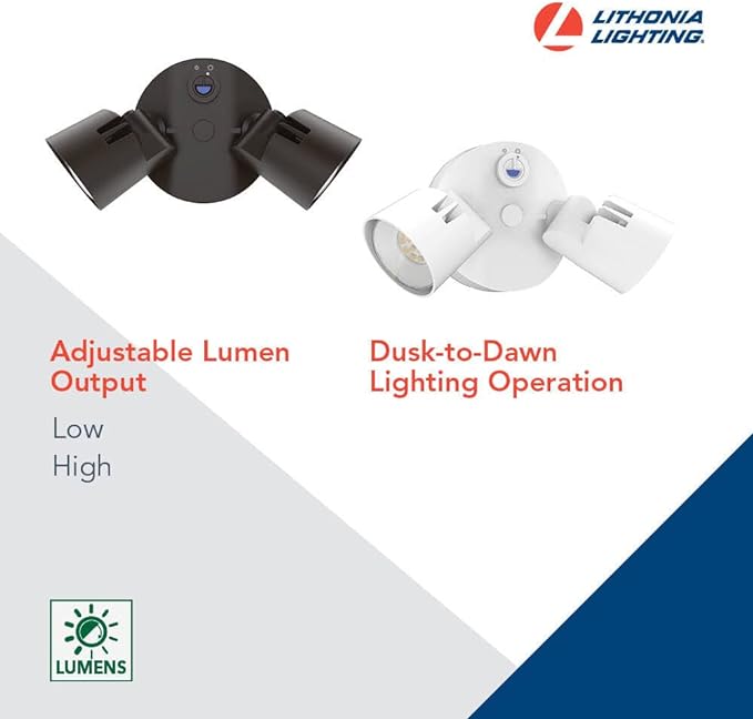 Lithonia Lighting HomeGuard 2-Light LED Outdoor Flood Lights, Outdoor LED Lights, Dusk to Dawn Sensor, Adjustable Lumens, 4000K Cool White, Round Heads, Dark Bronze (HGX LED 2RH ALO 40K 120 PE DDB)