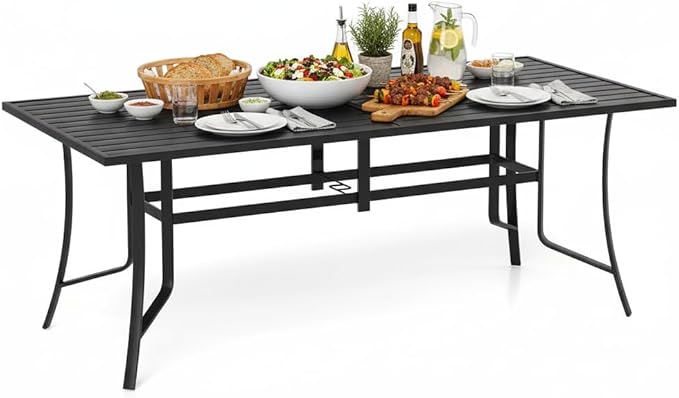 Tangkula 76" x 36" Metal Patio Dining Table for 8, Rectangle Heavy Duty Outdoor Dining Table with Umbrella Hole, 8-Person Outside Dining Furniture for Porch, Garden, Balcony and Backyard