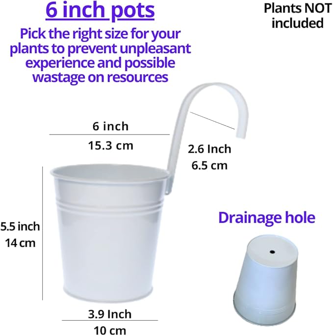LaLaGreen 6 Inch Hanging Planter Iron - 10 Pack, White Large Metal Flower Pot Over Rail Balcony Railing Hanging Buckets for Plants Outdoor Fence Wall Herb Garden Succulent Outside Deck Patio Porch