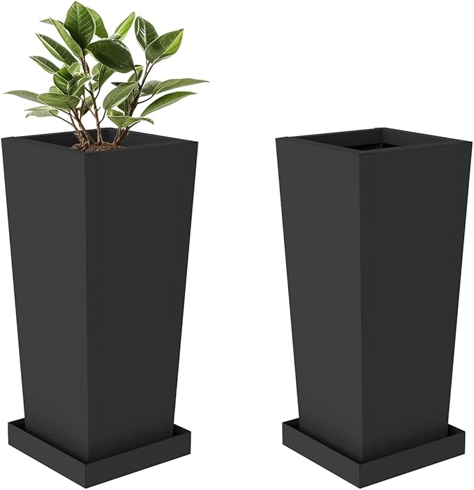Tall Planters 18" H - 2 Pack, Tapered Pots with Drainage Insert Shelve & Trays, Metal Outdoor Planter Box for Porch, Garden, Patio, Yard (Black)