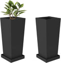 Tall Planters 18" H - 2 Pack, Tapered Pots with Drainage Insert Shelve & Trays, Metal Outdoor Planter Box for Porch, Garden, Patio, Yard (Black)