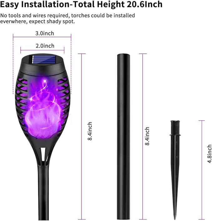 8Pack Halloween Decorations Outdoor, Halloween Solar Lights with Purple Flame for Yard Decor, Waterproof Solar Garden Lights for Outside Decor, LED Flame Torches for Pathway Yard Decorations Outdoor