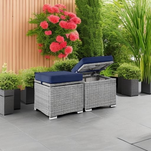 Best Choice Products Set of 2 Wicker Ottomans, Multipurpose Outdoor Furniture for Patio, Backyard, Additional Seating, Footrest, Side Table w/Storage, Removable Cushions - Gray/Navy